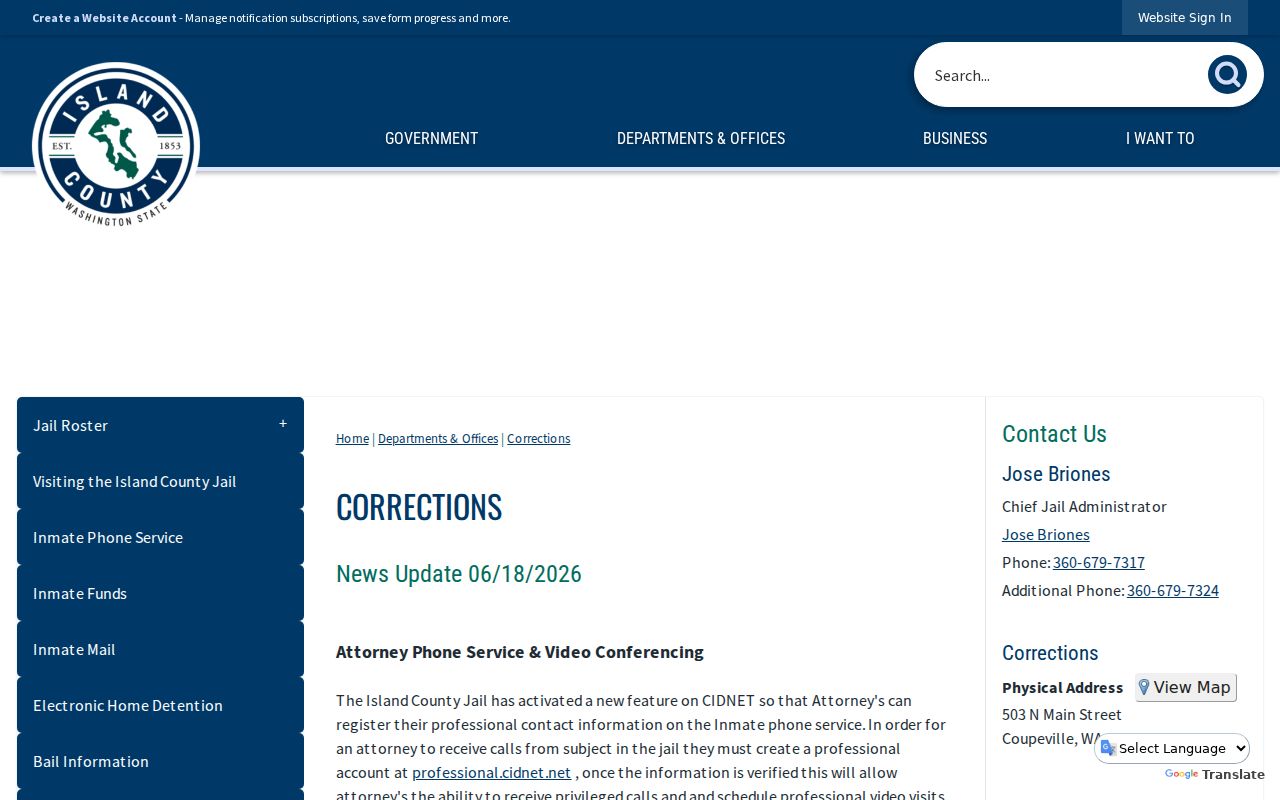 Island County arrest booking and corrections facility overview