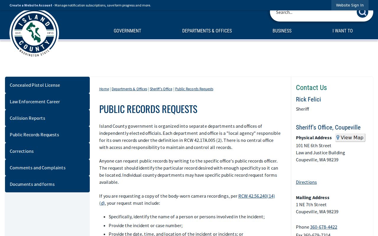 Island County arrest record sheriff request channels